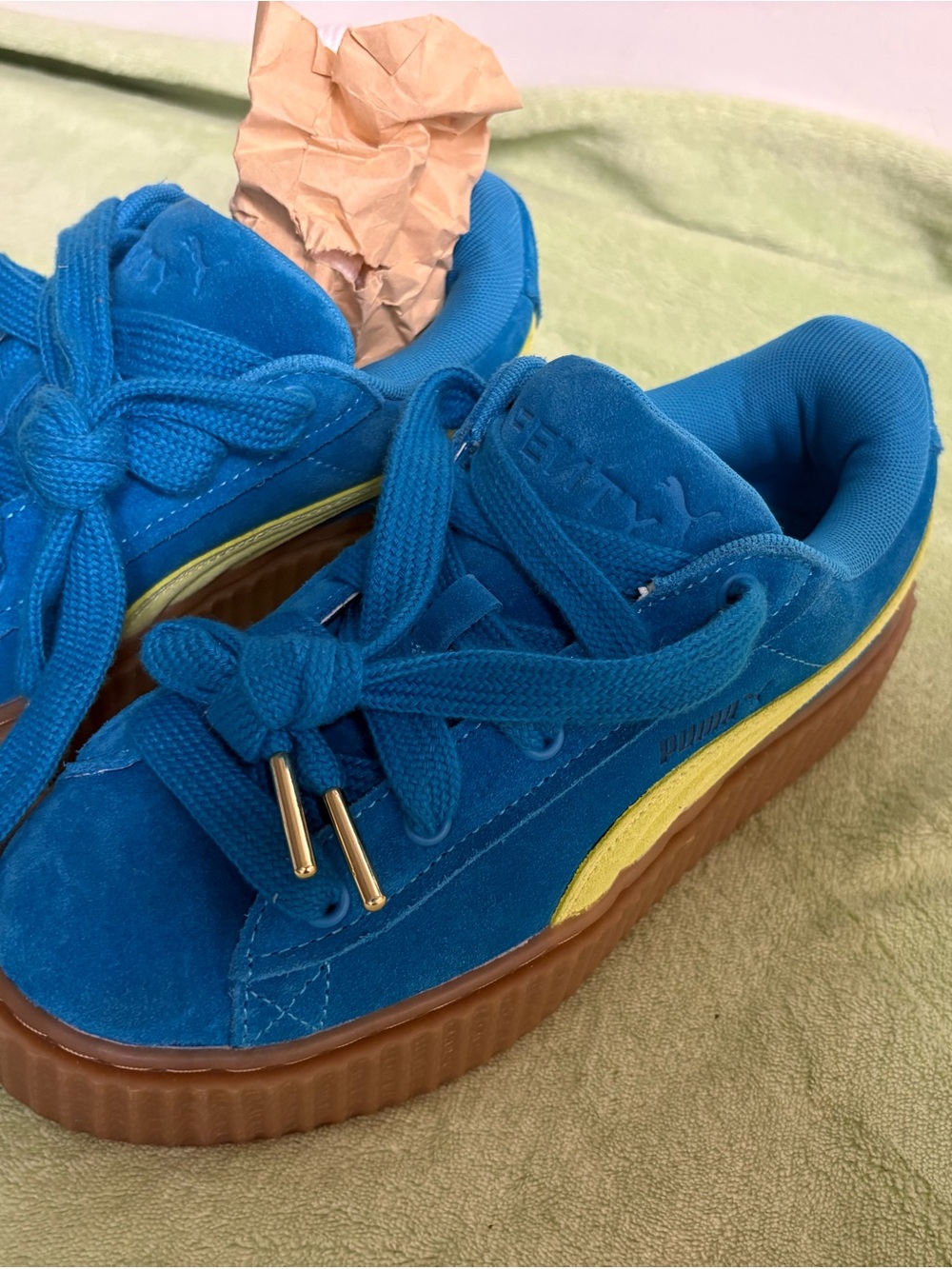 Fenty PUMA Women’s Blue Suede Platform Sneakers with Yellow Accent